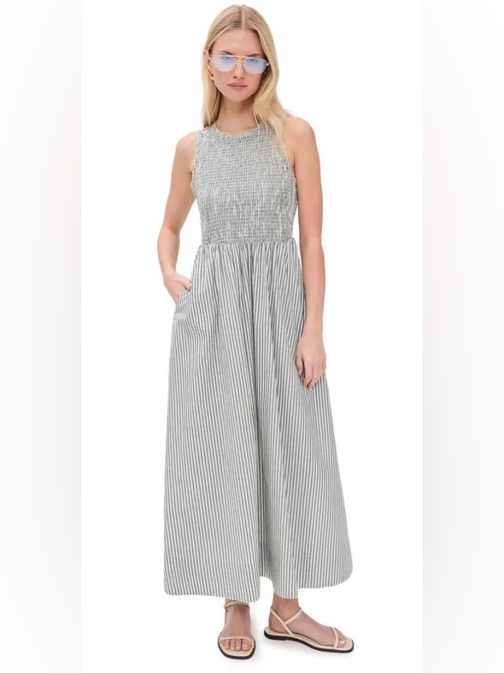 Marine Layer Darcy Smocked Poplin Maxi Dress Cotton Blue and White